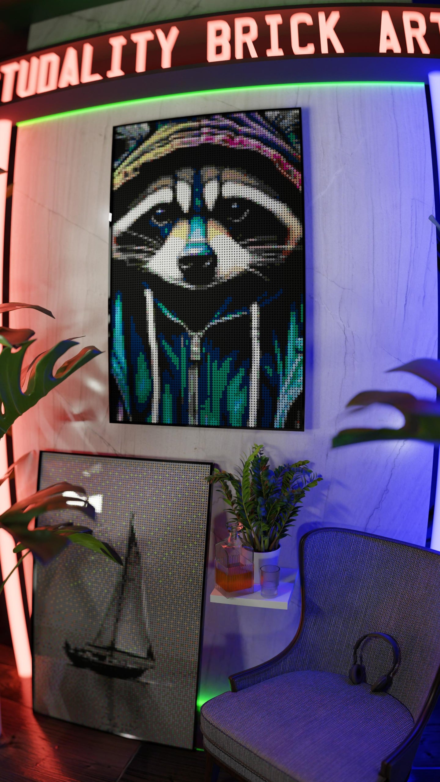 Raccoonaissance LEGO® Style mosaic wall art made from colorful plastic bricks